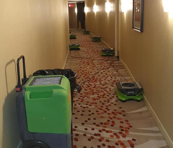 Hallway with green SERVPRO equipment on the floor. 