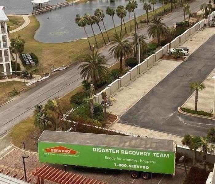 Overview of palm trees with a SERVPRO trailer. 